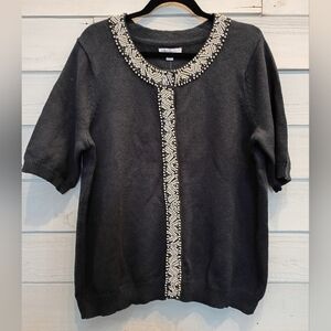 Isaac Mizrahi Live! Embellished Navy Short Sleeved Snap Front Sweater